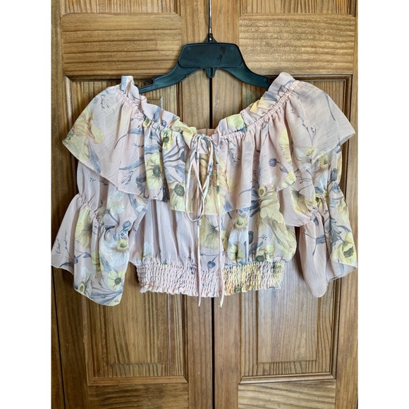 H&M Women's Off-Shoulder Ruffle Floral Cropped Top Cottagecore Fairy Whimsical 6 - Picture 2 of 7